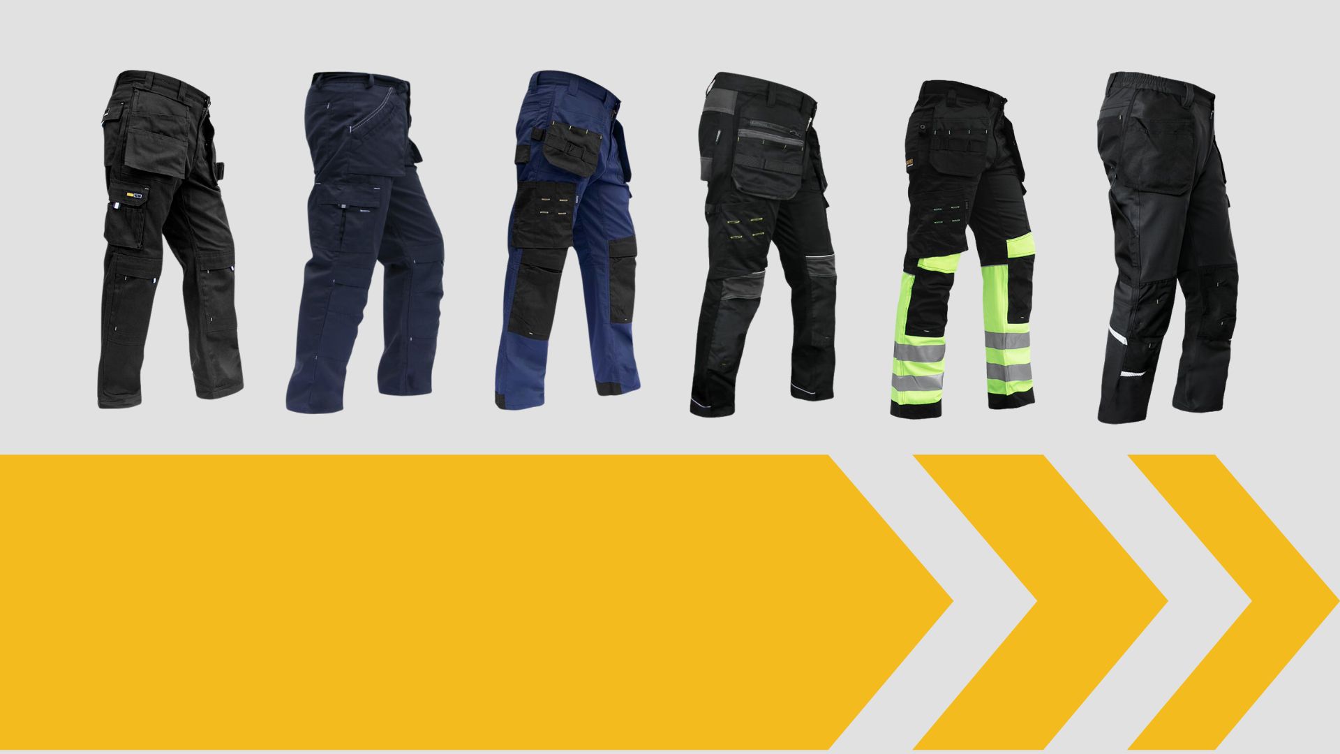 A selection of work trousers in a row